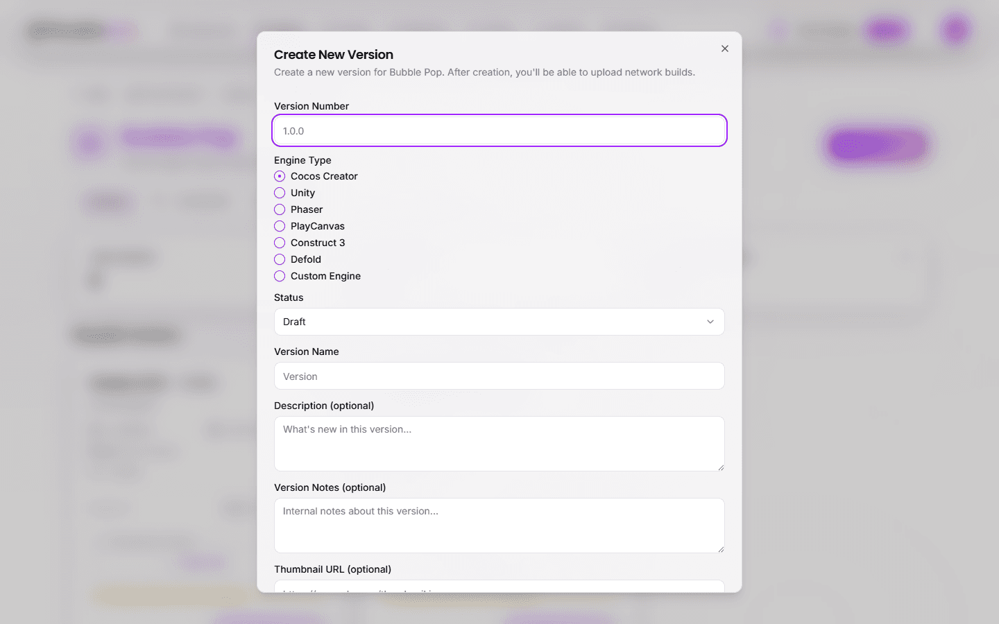 Create Version Dialog
