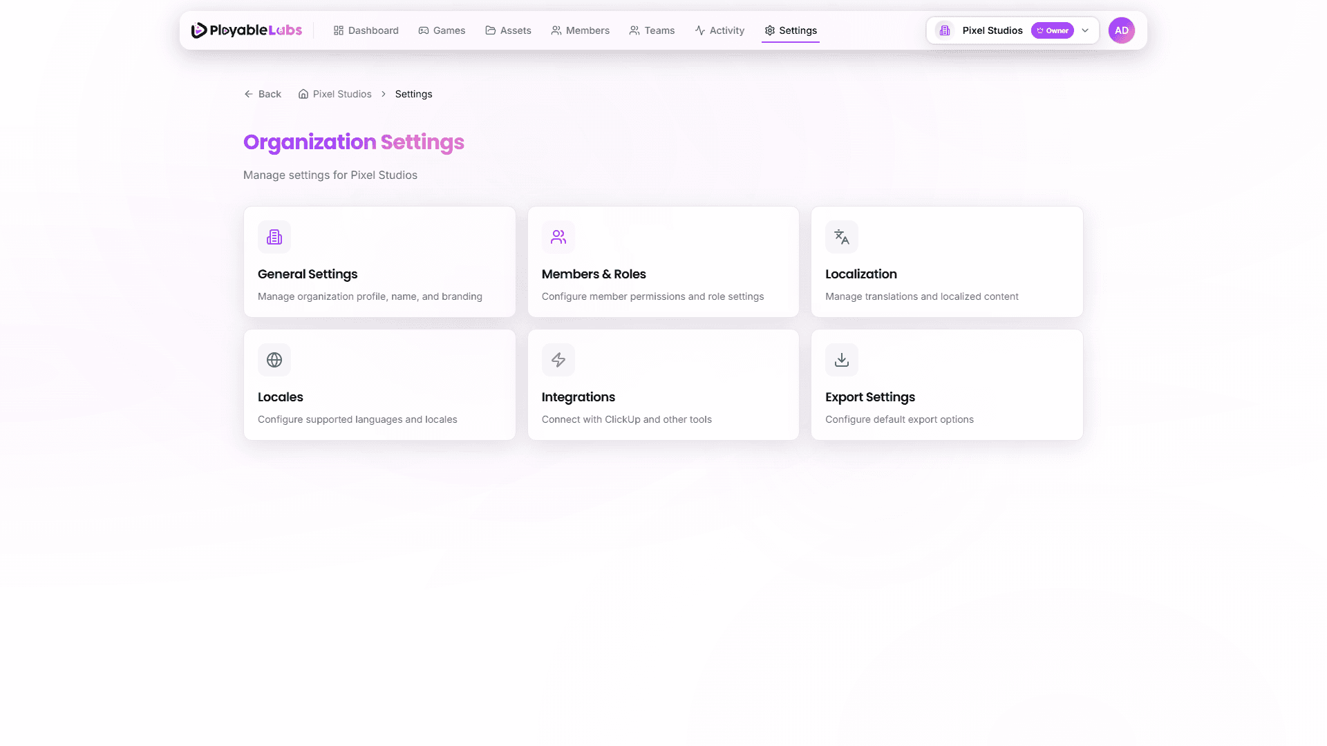 Organization Settings Hub